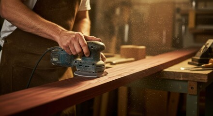 Craftsman sanding wood plank in workshop