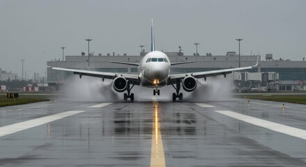 Plane lands on a wet airport runway.