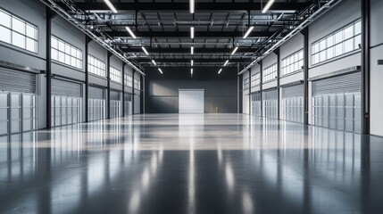 Obraz premium Spacious industrial warehouse with sleek design and polished floor.