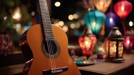 Fototapeta premium Acoustic guitar in focus with soft lantern glow, evoking warmth and artistic harmony 