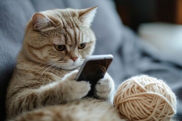 A cat staring at phone intently on sofa , Generative AI