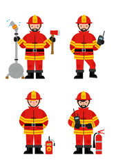 Set of 4 flat design firefighter characters in simple poses with equipment, wearing red-yellow uniforms on white background, clean and minimal style.