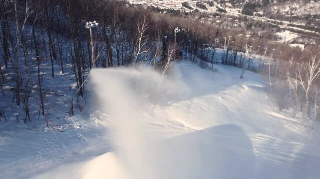 Snowmaking at a Ski Resort on a Winter Day