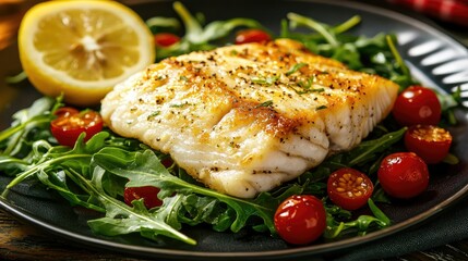A light dinner of baked cod with lemon and garlic, served alongside arugula and cherry tomatoes for a cholesterol-lowering meal.