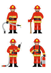 Set of 4 flat design firefighter characters in simple poses with equipment, wearing red-yellow uniforms on white background, clean and minimal style.