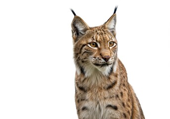 Fototapeta premium Close up shot of a lynx with pointed ears looking to the side on a white background in studio light