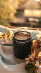 Dark glass candle jar with golden lid placed on soft pastel fabric with blooming cherry flowers, illuminated by warm golden hour sunlight through the window
