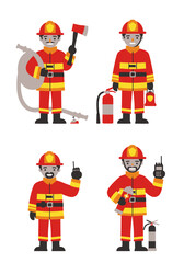 Set of 4 flat design firefighter characters in simple poses with equipment, wearing red-yellow uniforms on white background, clean and minimal style.