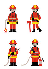 Set of 4 flat design firefighter characters in simple poses with equipment, wearing red-yellow uniforms on white background, clean and minimal style.