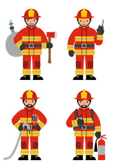 Set of 4 flat design firefighter characters in simple poses with equipment, wearing red-yellow uniforms on white background, clean and minimal style.