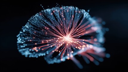 Abstract visualization of a neural network with glowing, interconnected fibers on a dark background. dynamic processes of neural connections and learning