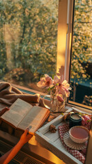 Person reading a book by a cozy window at sunset, with magnolia flowers, a black candle, and a cup of tea on a wooden tray. Warm golden light creates a peaceful, serene mood