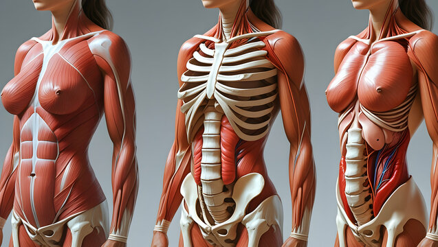 realistic female body and anatomical layers muscle, bones, nerves