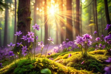 Obraz premium Sunlit Forest with Purple Wildflowers