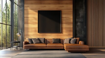 Large L-shaped brown leather sectional sofa on gray rug before wood-paneled wall with black framed poster and large letting in natural light