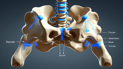 sacrum and coccyx with pelvic bone attachment points labeled
