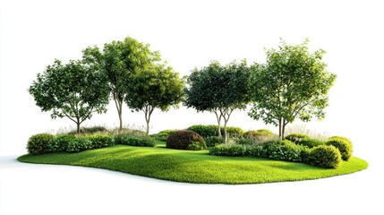 Cozy little park with a few trees, a grassy patch, and a couple of bushes on white