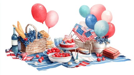 Festive Picnic Setup with Red, White, Blue Balloons and Treats