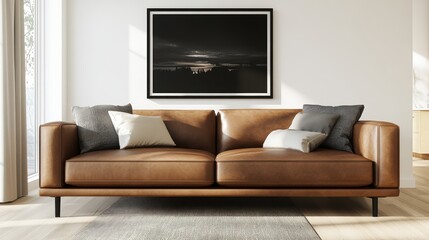 Elegant brown leather sofa adorned with gray and cream pillows positioned on a light rug against a white wall featu a stunning landscape photograph