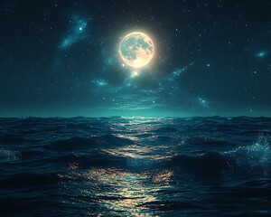 Moonlit ocean waves at night