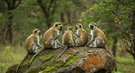 Fototapeta premium Monkeys gather on a rock in the African savanna