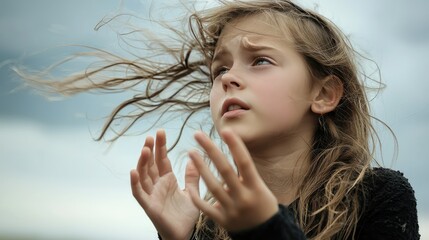 Naklejka premium A lonely girl trying to block strong winds with her hands
