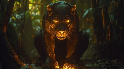 Black panther in glowing jungle