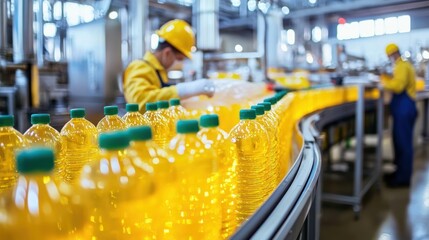 Naklejka premium Food production line with packaging machines and workers.