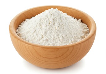A wooden bowl filled with a pile of white flour sitting on a white surface in a studio shot