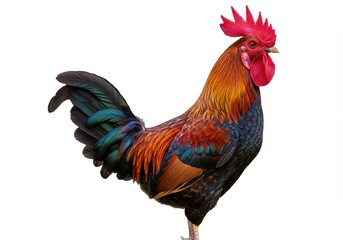 Fototapeta premium A colorful rooster with red comb and wattle standing on a white background in full body view