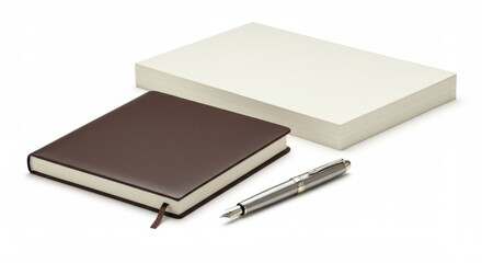 Brown notebook with silver pen and stack of paper on white surface for writing and planning