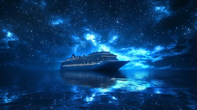 Massive cruise ship sailing across dark blue ocean under a starry night sky with constellations reflecting on the water, surreal dreamlike travel scene with celestial atmosphere and moody tones
