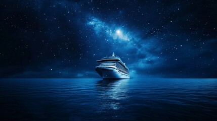 Massive cruise ship sailing across dark blue ocean under a starry night sky with constellations reflecting on the water, surreal dreamlike travel scene with celestial atmosphere and moody tones