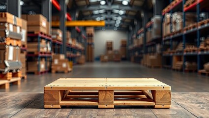 Empty Wooden Pallet Against Blurred Warehouse Background - Generative AI Product Photography