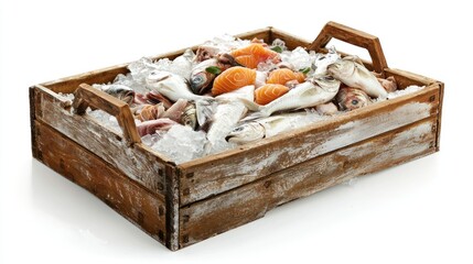 Crate of small mixed fish on ice with wooden handles on white background.