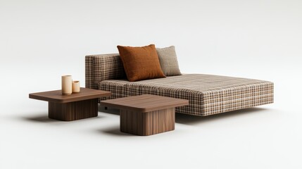 Low rectangular chaise lounge with brown beige plaid upholstery paired with two wooden side tables showcasing modern stylish furniture decor at home