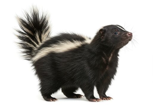 A skunk standing on a white background looking up with its tail up and a white stripe on its back