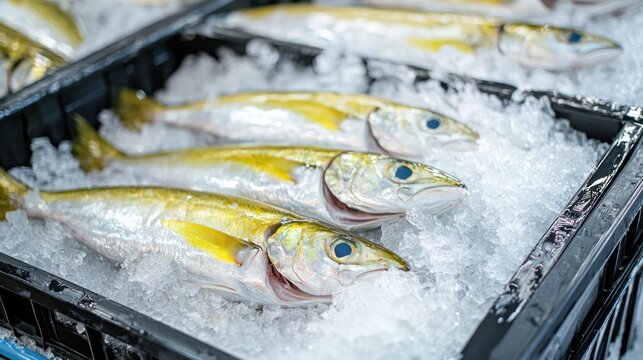 Crate of yellowtail fish on crushed ice inside plastic crates on white background.