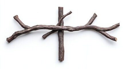 Obraz premium Cross made from twisted wooden branches on white background.