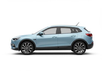 Fototapeta premium Profile view of a light blue crossover suv with black wheels isolated on a white background plain shot