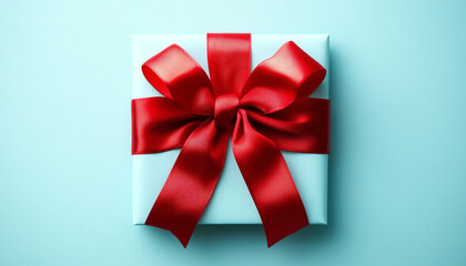 Blank gift card with red bow on light blue backtground