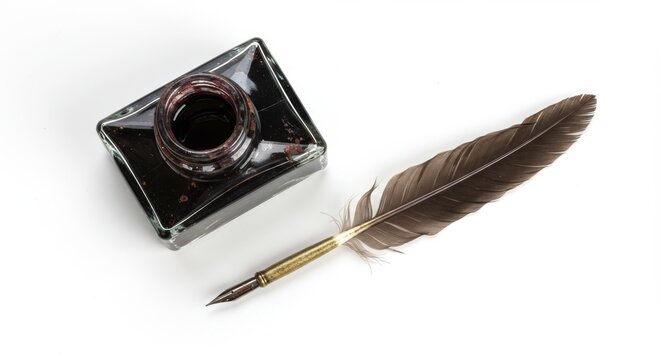Quill pen and inkwell on white background creating a classic writing scene for authors and history enthusiasts providing a vintage aesthetic