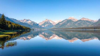 Majestic Mountains Reflecting on Serene Lake, Lush Surroundings