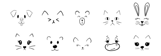 Cute animal faces, pet comic doodle with expressions. Set heads with delicious lick tongue, mouth, adorable emotions. Comic cartoon or kawaii fanny pet