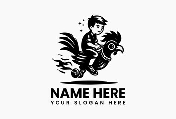 Stylized vector logo of boy riding a chicken or rooster, rural farm-themed illustration with whimsical character design isolated on white background