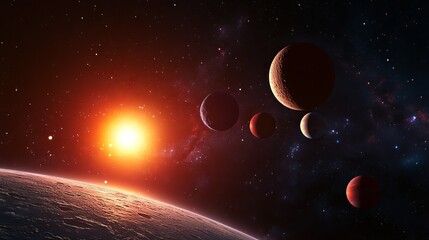 Stunning vibrant red sun cosmic planetary system space background image sky art dark stars brown
