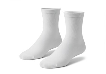 A pair of white socks standing upright on a white surface in a studio setting with soft lighting