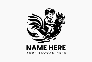 Stylized vector logo of boy riding a chicken or rooster, rural farm-themed illustration with whimsical character design isolated on white background