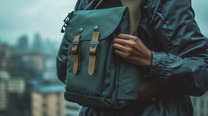 A black female hand adjusting the strap of a sleek, minimalist backpack. The focus is on her hand, the buckle, and the fine details of the fabric, emphasizing quality 
