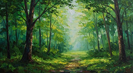 Fototapeta premium Walking Trail Through Lush Green Forest Art Painting